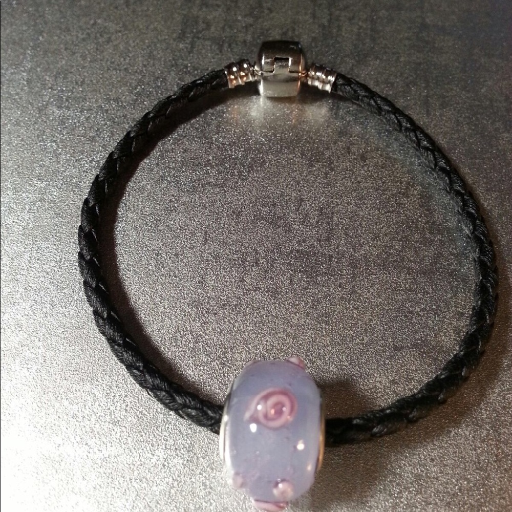 Black leather bracelet with lampwork bead